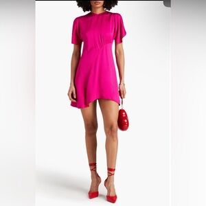Victoria Beckham fuchsia hot Pink satin mini Dress ruched short flutter sleeves